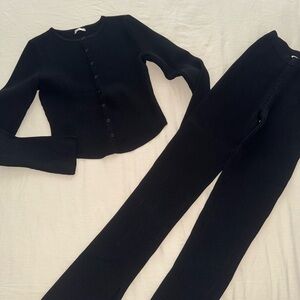 House of CB Black Ribbed Button-Front Top & Flare Pants Set